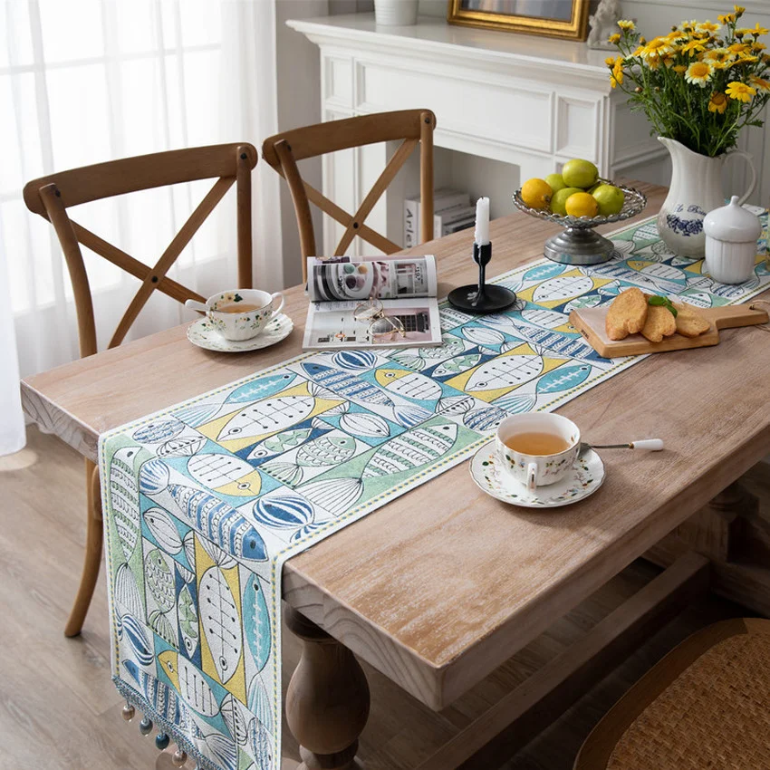 Masa Koşucu Polyester Balık Baskılı Dikdörtgen Masaüstü yemek masası Örtüsü Ev Dekorasyon Ev Basit Ev Partisi için Açık