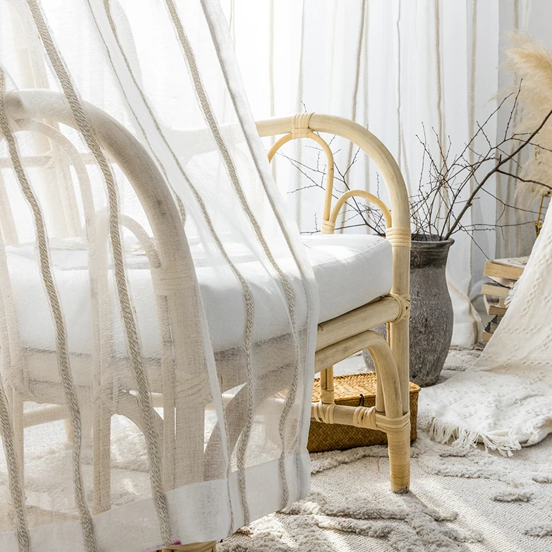 Doğal Keten Yarı karartma Şerit Beyaz Perdeler Düz Renk Vintage Pamuk Kenevir Pencere Dekor Cortinas Oturma Odası Yatak Odası için
