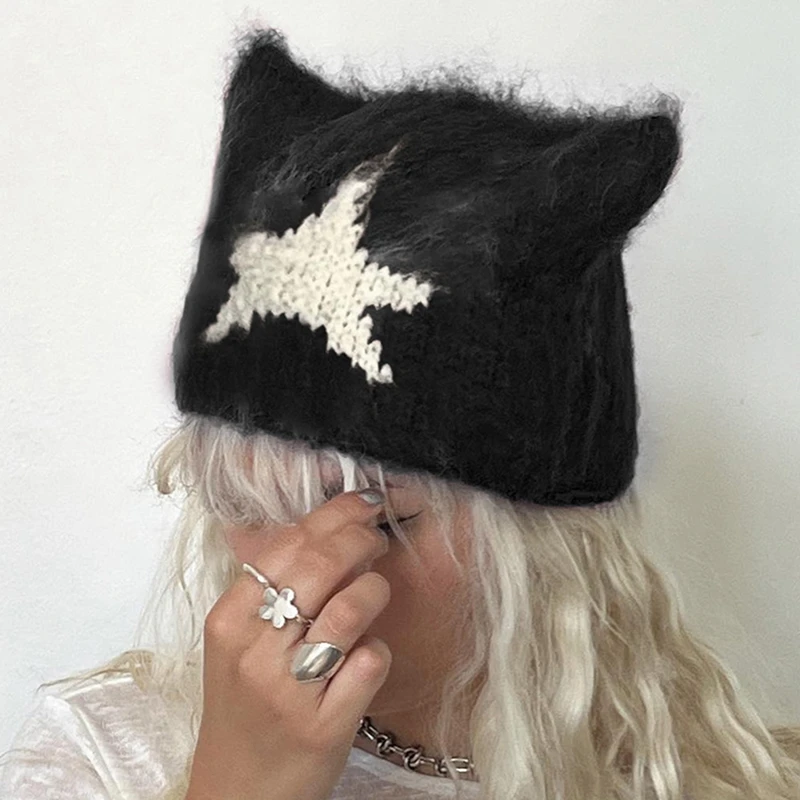 Laırauıy Kadın Y2K Estetik Örme Şapka Kawaii Sevimli Yıldız Kelebek Yumuşak Kedi Kulak Bere Sıcak Kış Kap Kapalı Açık