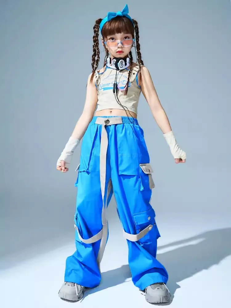 Yeni Caz Kostüm Kızlar Hip Hop Dans Elbise Kırpma Üstleri Mavi Kargo Pantolon Sokak Dansı Çocuklar Performans Takım Elbise Konser Giyim BL10996