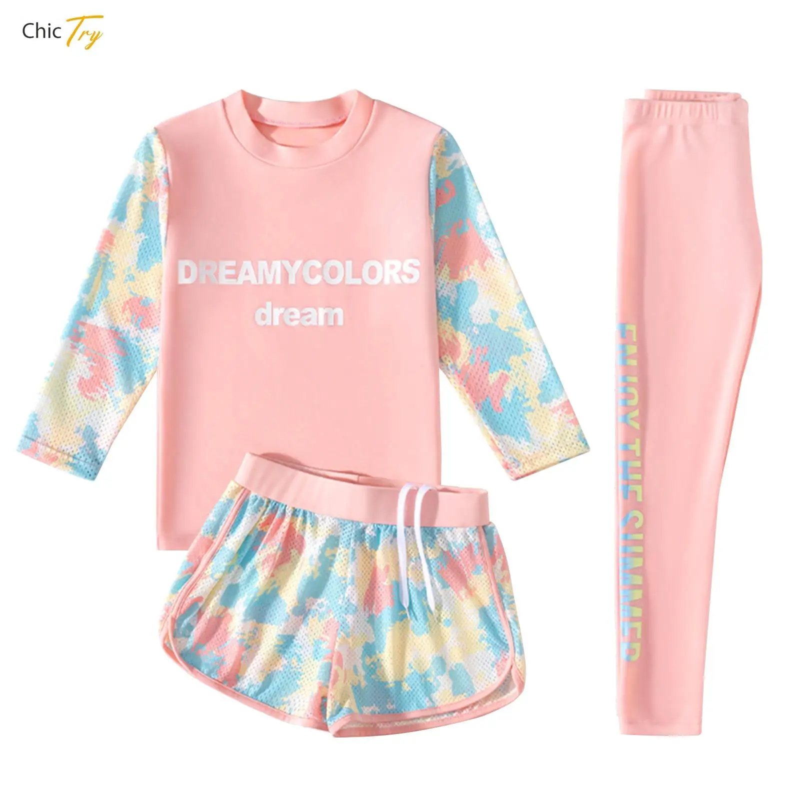Çocuk Kız UV Döküntü Guard Mayo Kıyafet Güneş Koruma Uzun Kollu Üstleri Şort Tayt Spor Mayo Sunsuit Mayo