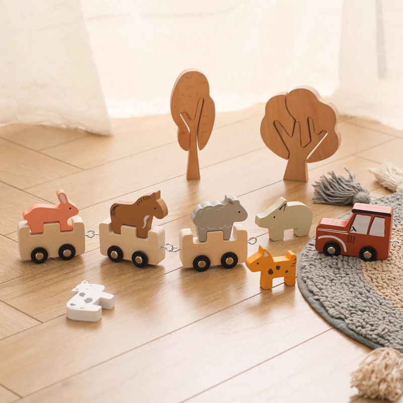 Montessori Oyuncaklar Bebek Hayvan oyuncak trenler Ahşap Hayvan İstifleme Oyuncak Blokları Oyunu Eller Kuyruk Yeteneği Eğitici Çocuk Hediye